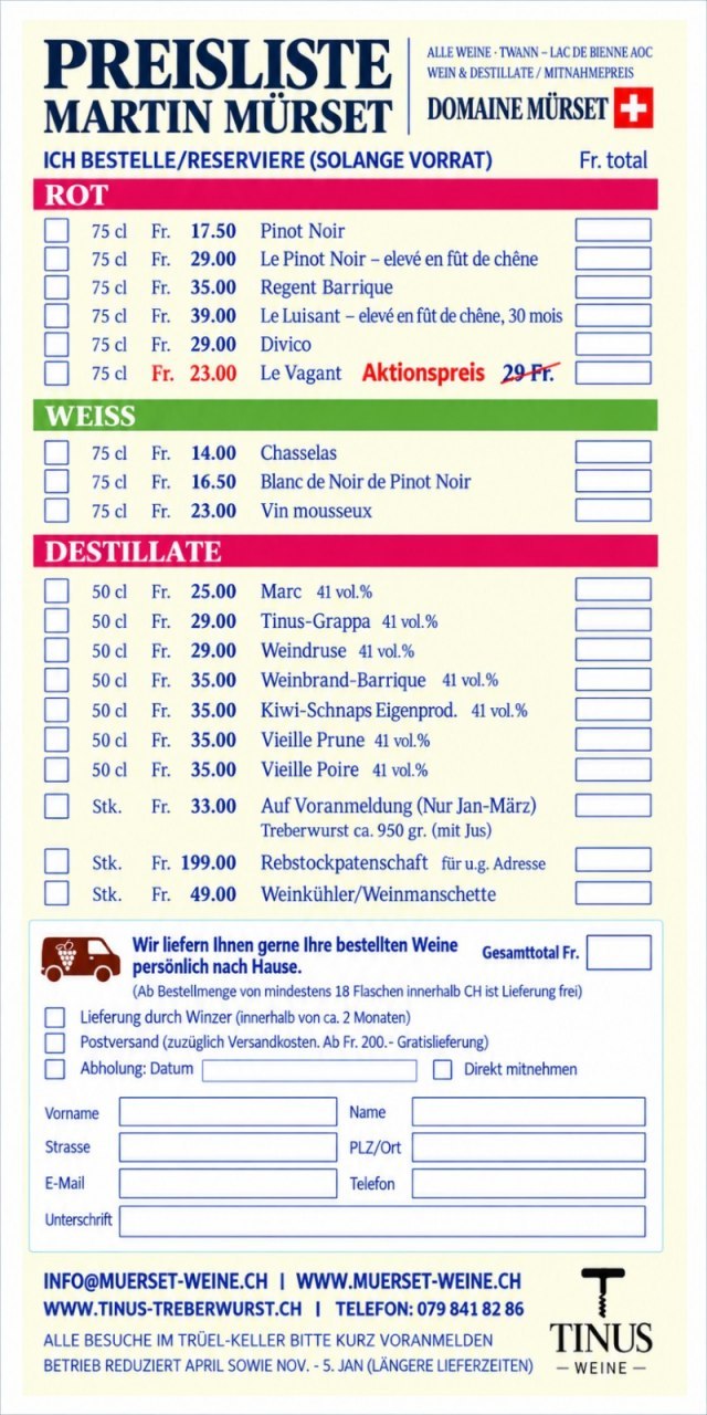Foto der aktuellen Preisliste.